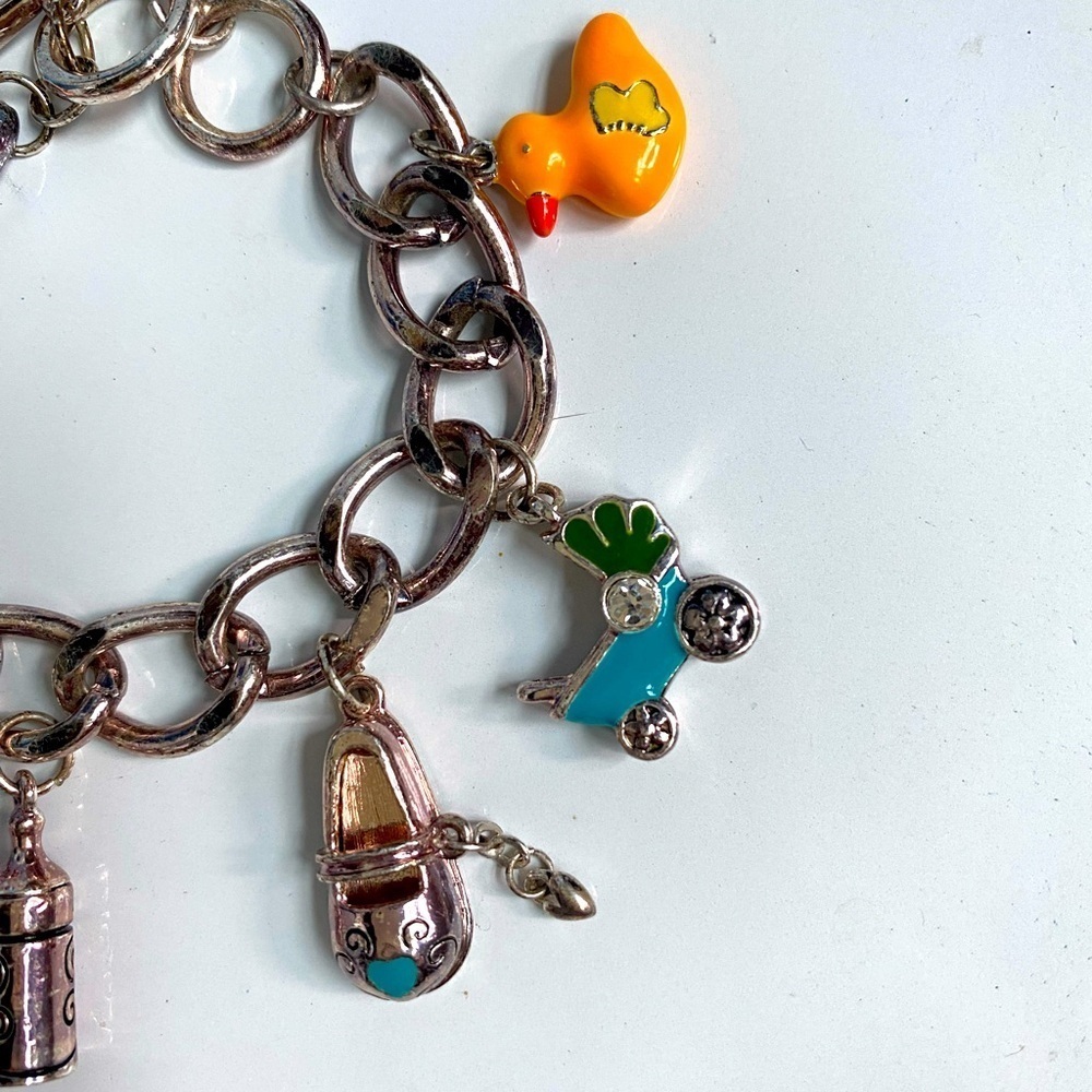 Vintage Brighton Baby Charm Bracelet LOVE Heart Carriage Shoe Bottle Silver 7" - Picture 4 of 8